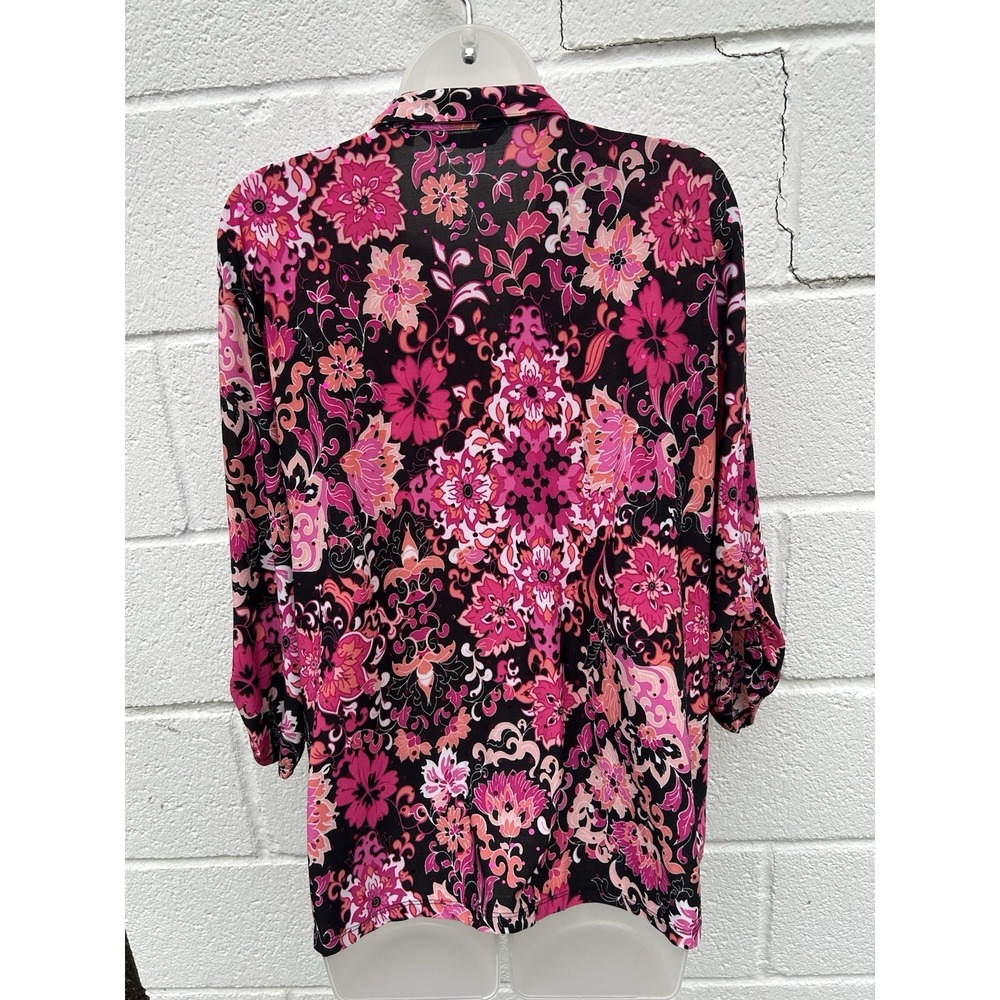 Emily Daniels XL Black Pink Floral Collared Sequin Button-Up 3/4 Sleeve Blouse - Picture 7 of 14